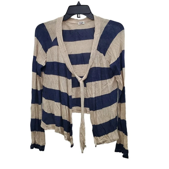 Splendid Women's Blue Beige Rugby‎ Stripe Tie Front Light Cardigan USA Made Sz L - Picture 1 of 5